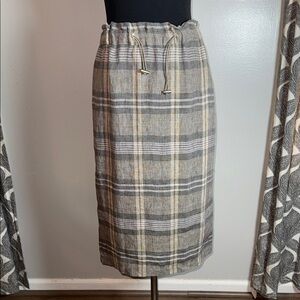 Olive Brand Grey Plaid 100% Linen Pencil Skirt with Drawstring Waist SZ S
